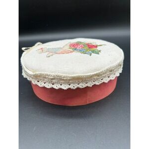 VintageVictorian Style Hand Cross Stitch Bentwood Trinket Box Floral Cottagecore